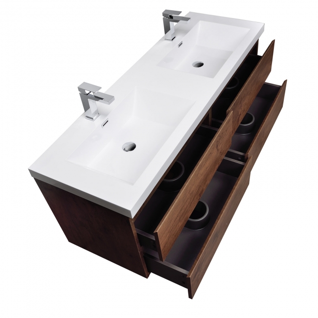 Angela 48" Contemporary Double Wall Mounted Bathroom Vanity, Rosewood