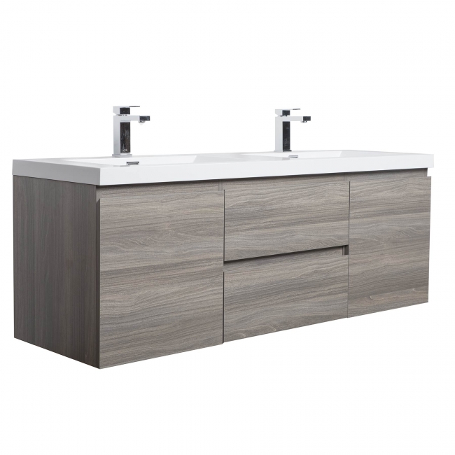 59" Angela Wall Mounted Modern Double Sink Vanity , Maple Grey